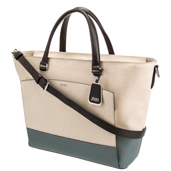 Tumi Cream and Green Tote Leather Bag - Picture 3 of 5